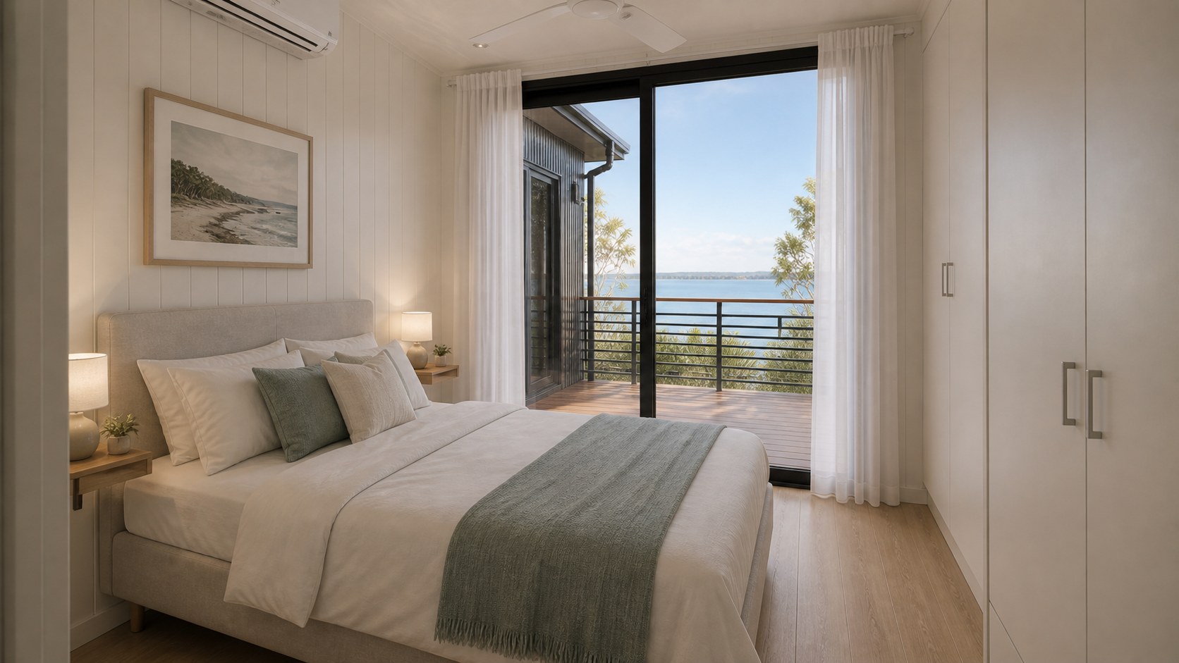 Container-home bedroom with built-in wardrobes and coastal views
