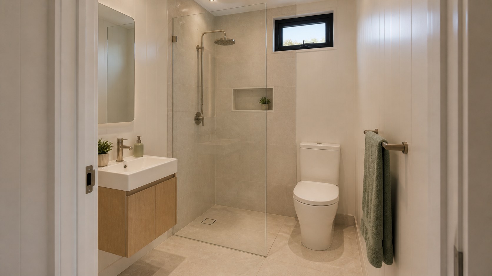 Modern container-home ensuite with walk-in shower