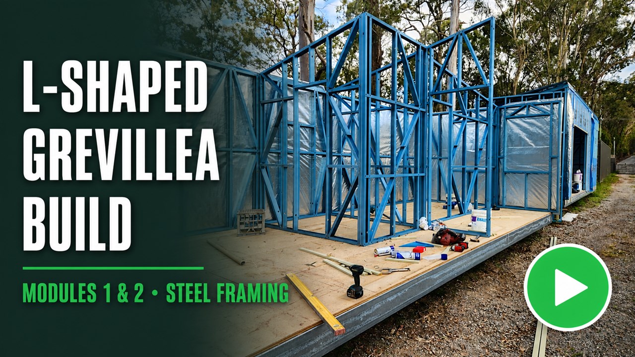 Video cover for the L-shaped Grevillea modular home steel-framing build