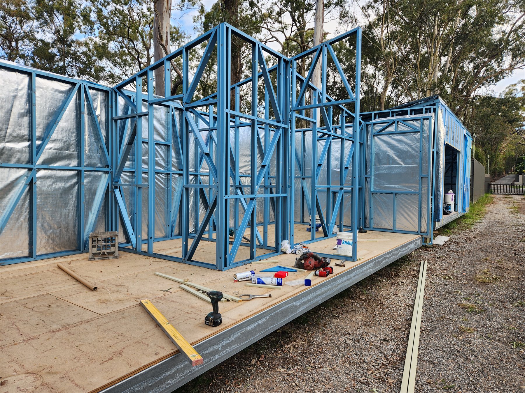 Module Two steel framing showing the developing L-shaped Grevillea modular home